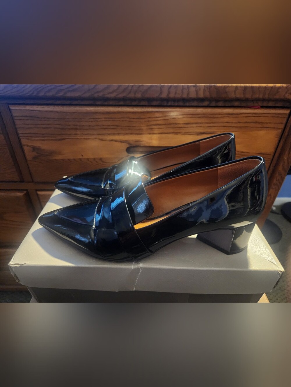 Franco Sarto Giovanni Black Patent Leather Pointed Shoes Low Block Heel